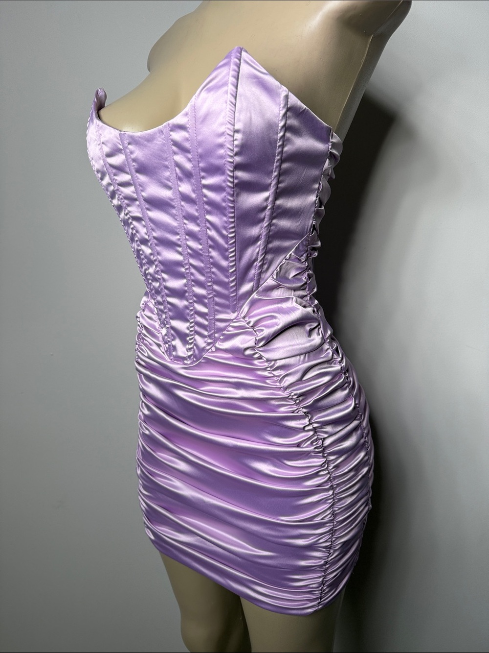 Satin Ruched Corset Mini Dress in Lilac - Picture 4 of 9